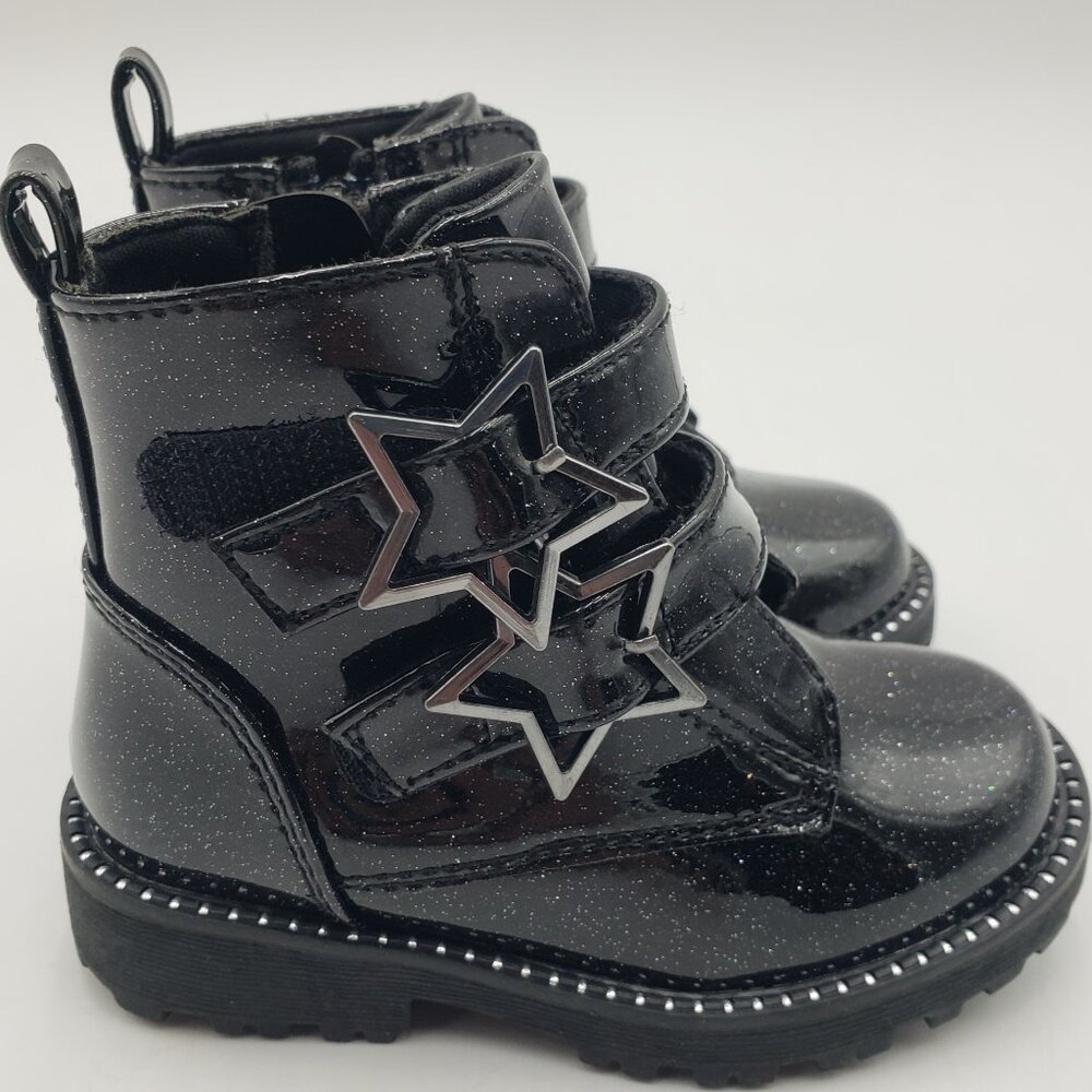 Self Esteem Girls Glitter Patent Leather Star Moto Combat Boots
